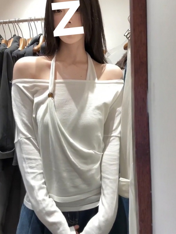 法式一字肩露肩纯欲风T恤女早秋交叉别致挂脖打底衫气质小众上衣|undefined