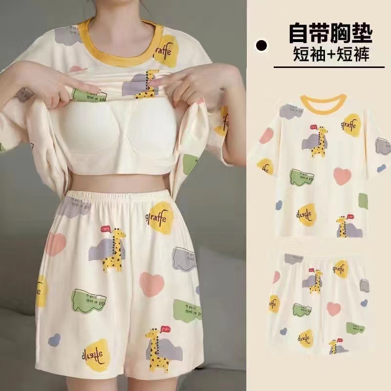 睡衣女夏季短袖套甜美带胸垫韩版卡通学生休闲宽松大码宿舍家居服|undefined