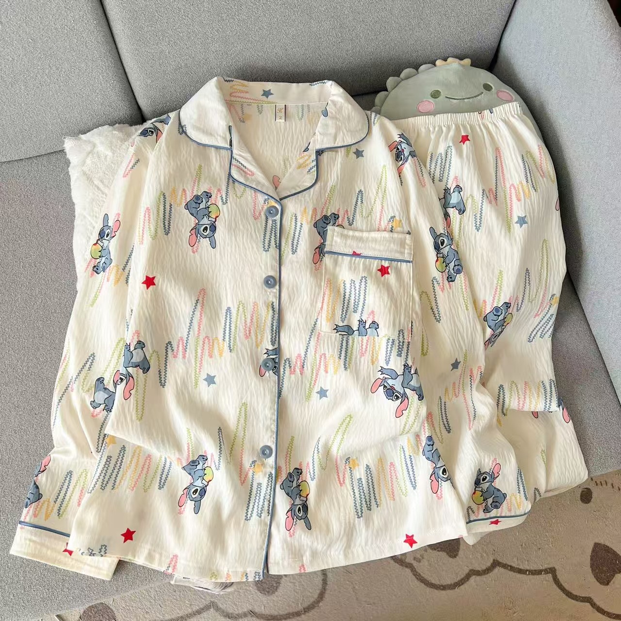 Al por mayor transfronterizo nubes de otoño pijamas de manga larga pantalones cardigans de dibujos animados con solapa linda ropa de hogar