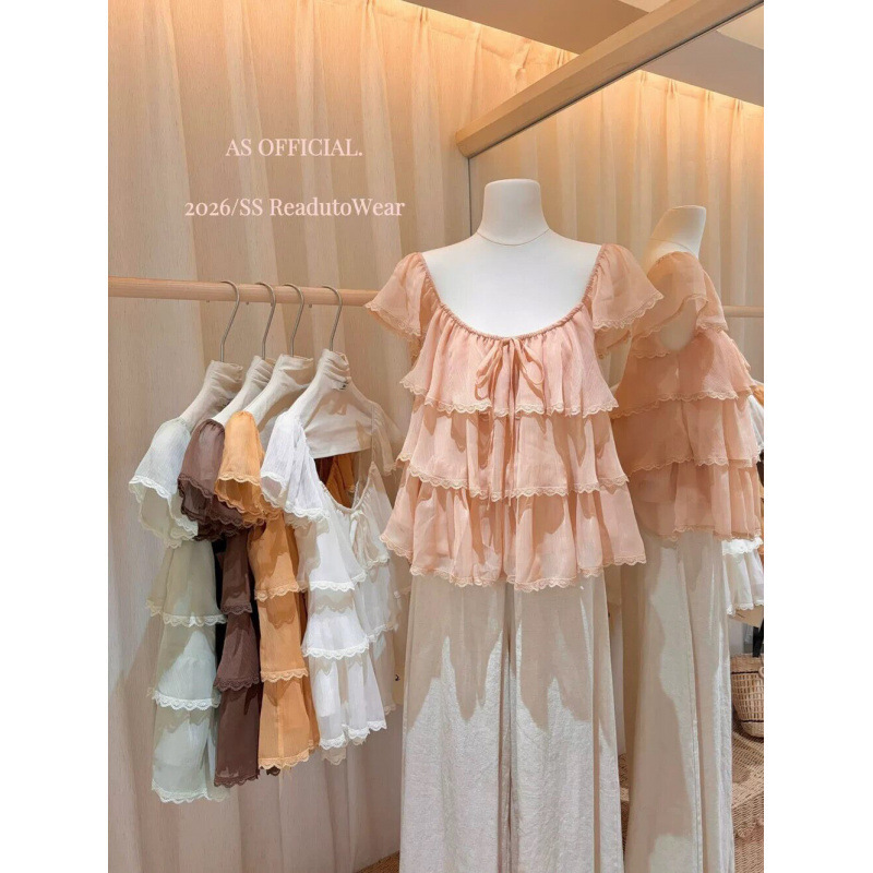 Nuo Chu Korean-Style Sweet Youthful Lace Patchwork Square-Neck Shirt 2026 Summer New Lace-Up Ruffle Gentle Blouse