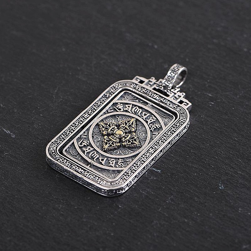 金鹿王S925纯银可旋转吊坠复古工艺梵文六字真言男士霸气个性项坠