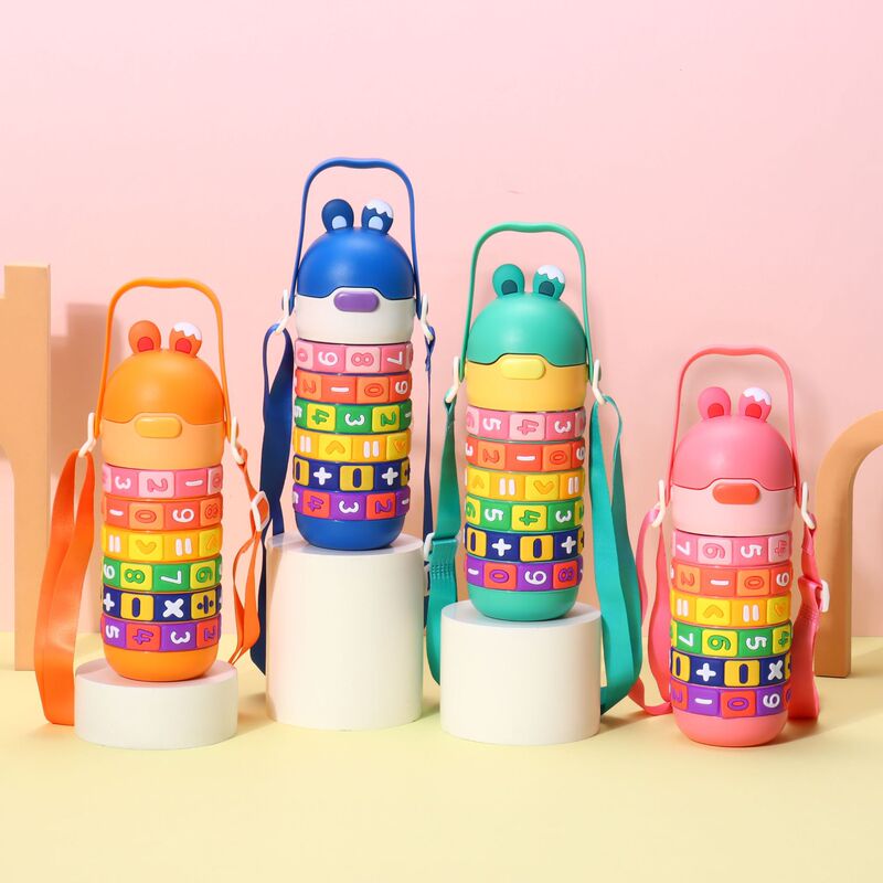 Children's educational thermos cup with digital building blocks, rotating, creative and fun stainless steel thermos cup, large capacity dual-use water bottle