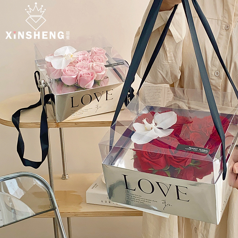 芯苼 心形镜面手提花盒鲜花花束防水包装礼盒花店花艺手工diy材料