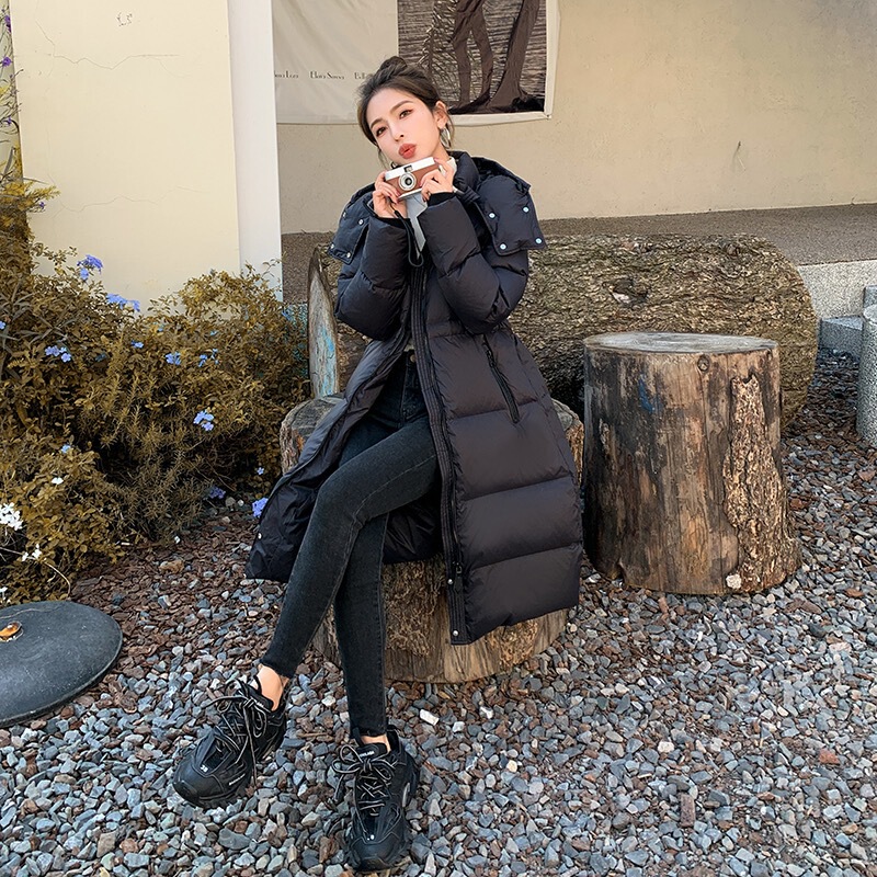 Winter Women's Down Jacket Women's Long Knee-length 90 White Duck Down Thickened Women's Black Waist Long Jacket