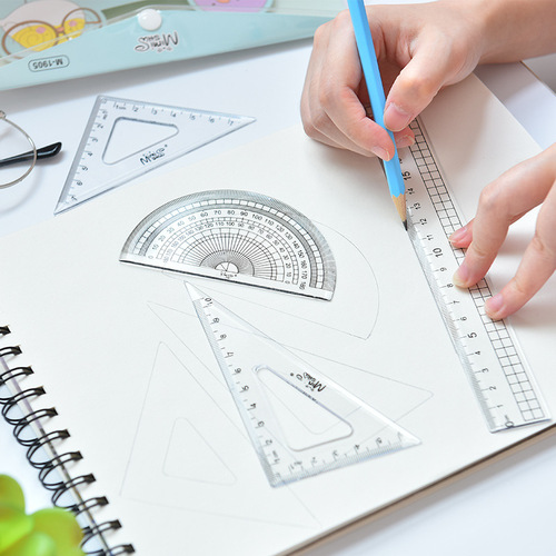 Elementary school student stationery ruler set transparent triangle set children's ruler cartoon four-piece cute ruler set wholesale