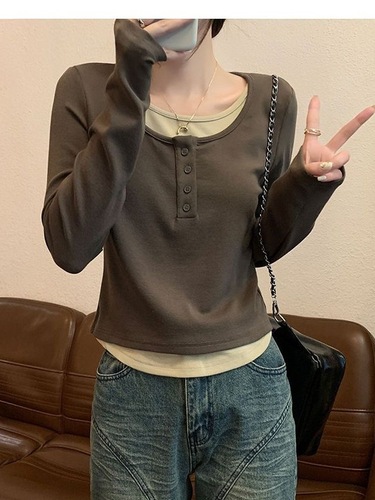 Oversized Two-Piece Long-Sleeve Women's Top for 2025 Spring Marigold Style, Round Neck Top, Fitted Base Shirt