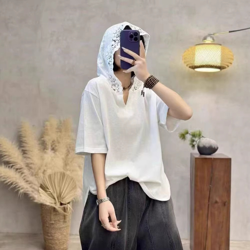 New Simple Bamboo Cotton Comfortable Versatile Casual Solid Color Lace Hooded Short-Sleeved Shirt Top for Women