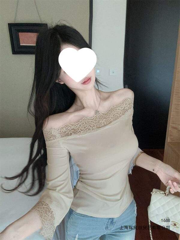 Off-shoulder lace three-quarter bell-sleeve T-shirt, feminine and alluring, slim-fit, unique and stunning off-shoulder top Off-shoulder lace three-quarter bell-sleeve T-shirt, feminine and alluring, slim-fit, unique and stunning off-shoulder top
