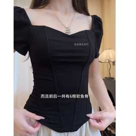独特别致鱼骨收腰短袖t恤女夏季不规则设计感修身一字肩辣妹上衣