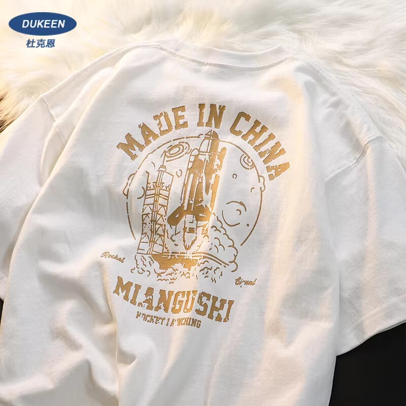 Dukeen11.20Z Heavyweight Short-Sleeved T-Shirt Men's Summer Retro Rocket Print Cotton Men's Clothing 3