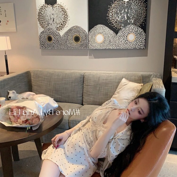 Lace Wave Dot Sling Nightgown Women's Summer Pajamas New Korean Style Pure Desire Style Nightgown Home Clothes Two-piece Outfit