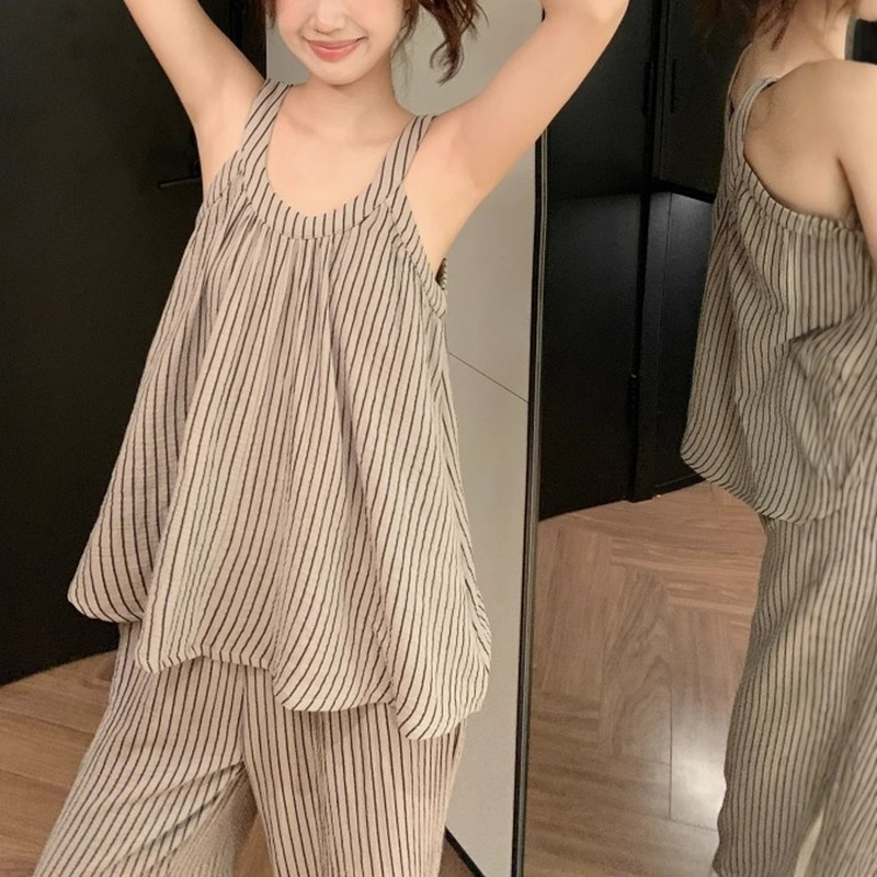 pajama25韩版甜美小清新宽松透气云朵棉条纹吊带夏季外穿家居服套|undefined