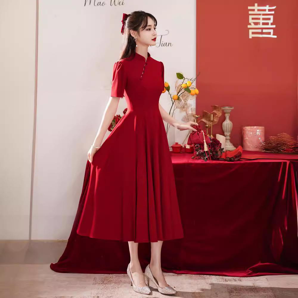 国风旗袍敬酒服新娘结婚订婚酒红色小个子礼服连衣裙回门平时可穿
