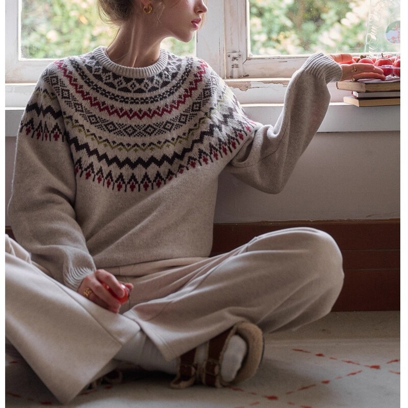 Sinpleretro Winter Harbor Full Wool Crew Neck Fair Isle Sweater for Women, Lazy Soft Knit Sweater
