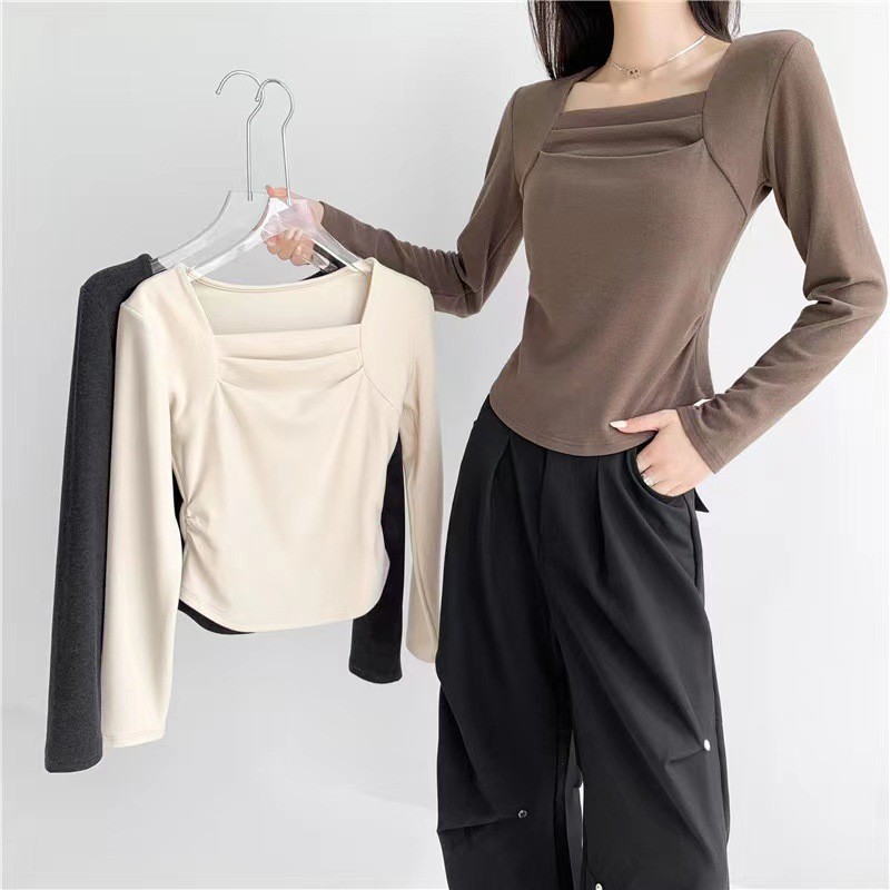 Fenanfu 2023 nueva ropa dulce súper cálida cuello cuadrado plisado camisa de fondo caliente cintura-apretado todas las mujeres
