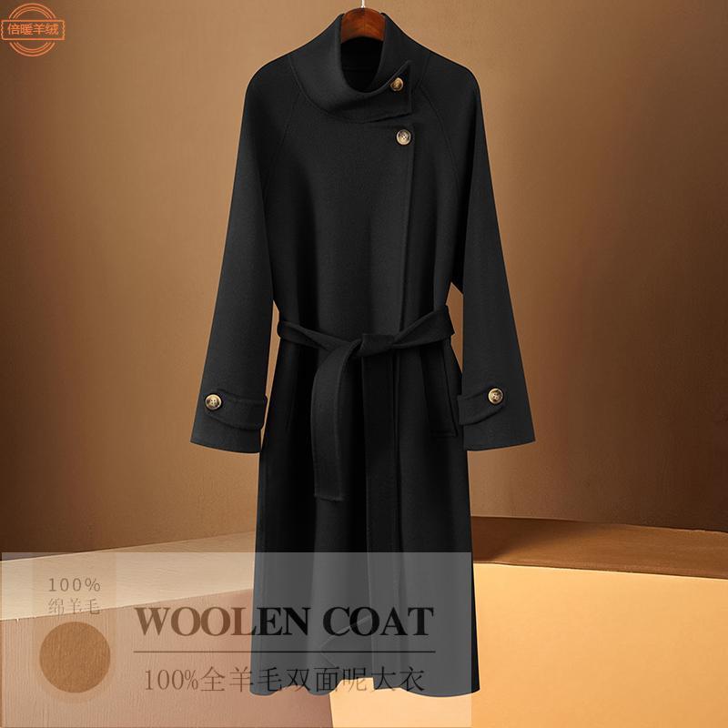 2024 New Double-Sided Cashmere Coat Women's Lace-Up High-End Korean-Style Hepburn Style Mid-Long Wool Coat with Vertical Collar