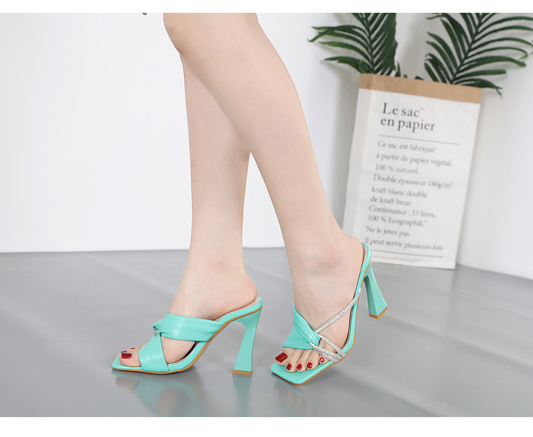 Pu Leather Square Head Thick High-Heel Stitching Rhinestone Sandals NSSO113729