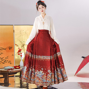 New Style Mamian Skirt Women's Suit with Gold Embroidery and Floral Patterns in Blue, Black, and Red, Suitable for Toasting, Chinese Style, for Daily Commuting in Spring and Autumn