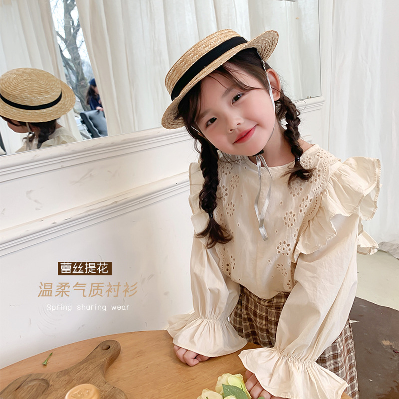 艾摩贝贝春款女童宝宝天丝棉小飞袖上衣气质淑女花边蕾丝衬衫