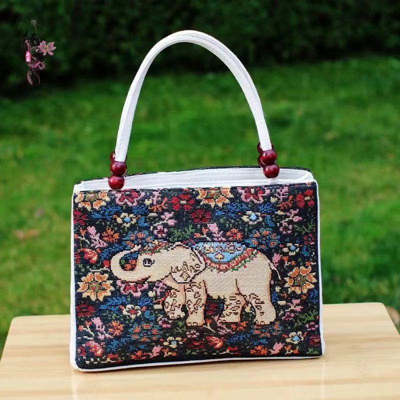 新しいエスニックスタイルハンドバッグゴールドシルク両面刺繍カジュアルキャンバスバッグファッショナブルで多用途な通勤クロスボディバッグ|undefined