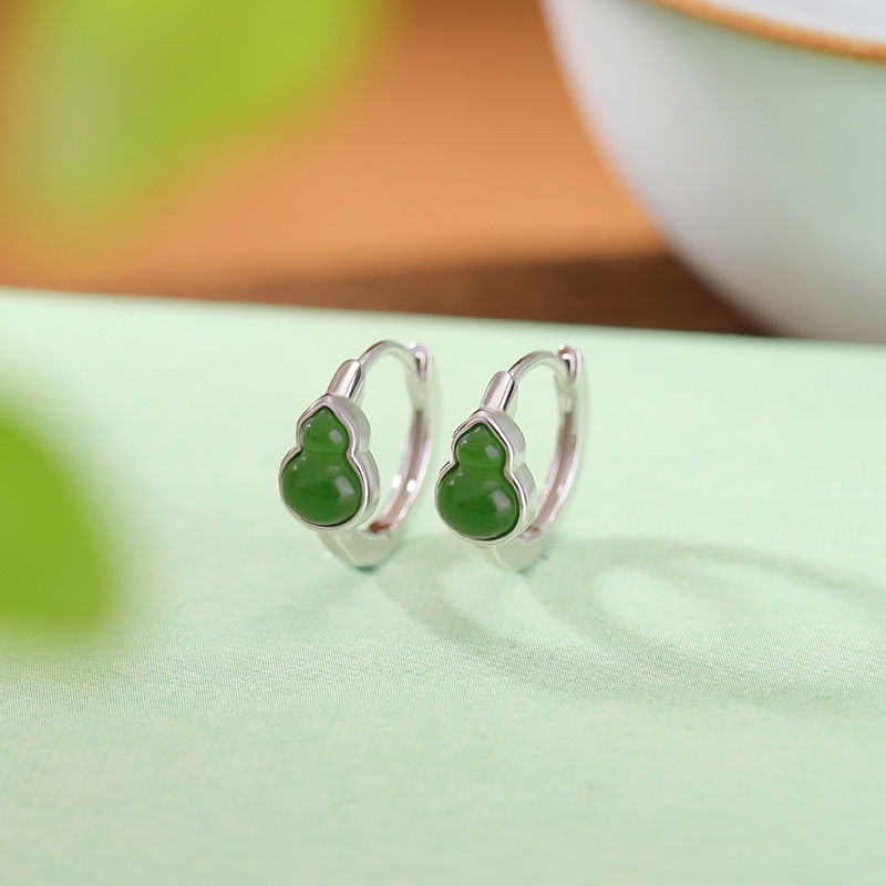 Khuyên tai bạc S925 hình hươu đính ngọc bích phong cách cổ điển — Một cặp