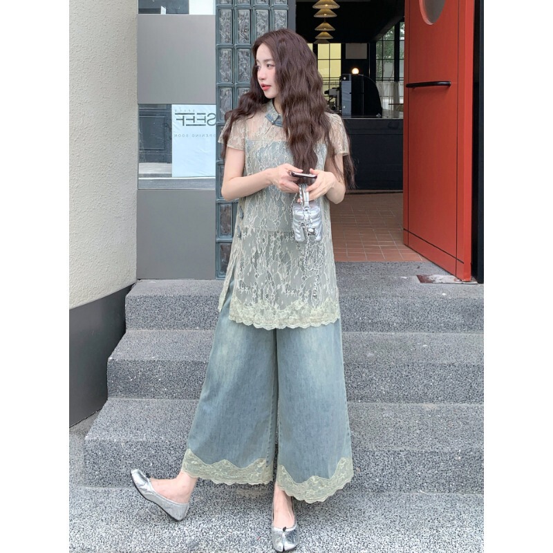 New Chinese-Style National Fashion Two-Piece Set for Women, 2026 Summer, Very Stylish Lace Top and Denim Wide-Leg Pants Outfit