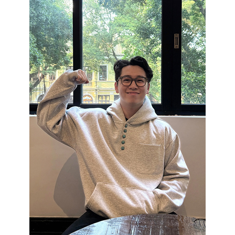 Turquoise Button-Down Henry Collar Hooded Sweatshirt Men's Autum High-End Lazy Style Casual Bottoming Hoodie Jacket