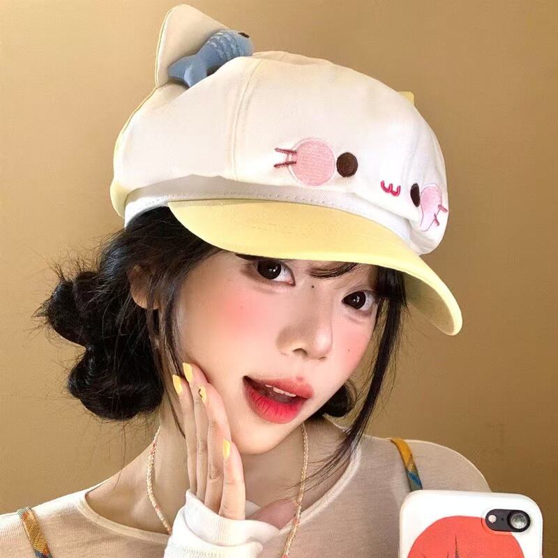 新款日系甜美可爱小鱼猫咪贝雷帽女卡通开学叠穿八角帽显脸小帽子|undefined