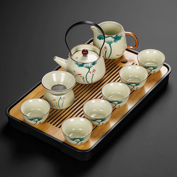 Ru Kiln Xingyun (lotus leaf) Ti Liang pot six cups 9 -piece set+rectangular black tea tray