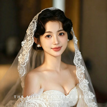 头纱法式复古蕾丝花边新款春季新娘礼服结婚婚纱拖尾结婚纯白头纱