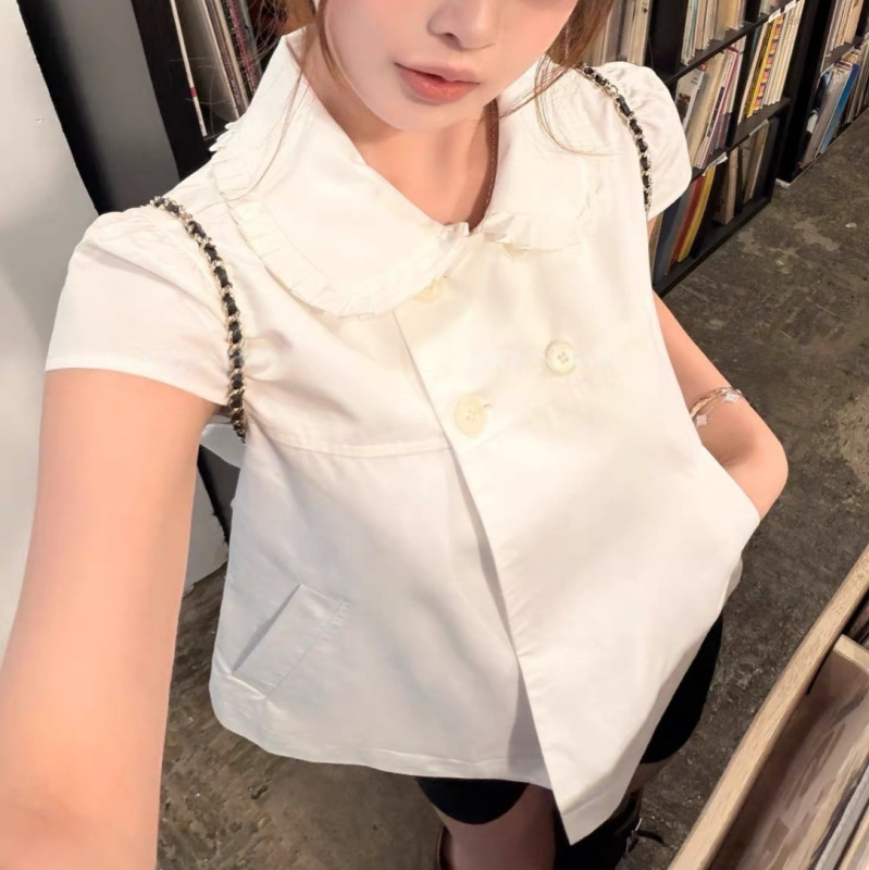 Homewear-Style Lyocell White/Denim Blue Doll Collar Blouse for Women with Ruffled Short Sleeves