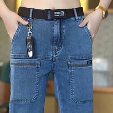 跨境弹力牛仔裤男秋冬季潮牌宽松百搭休闲直筒裤加绒工加厚牛仔裤