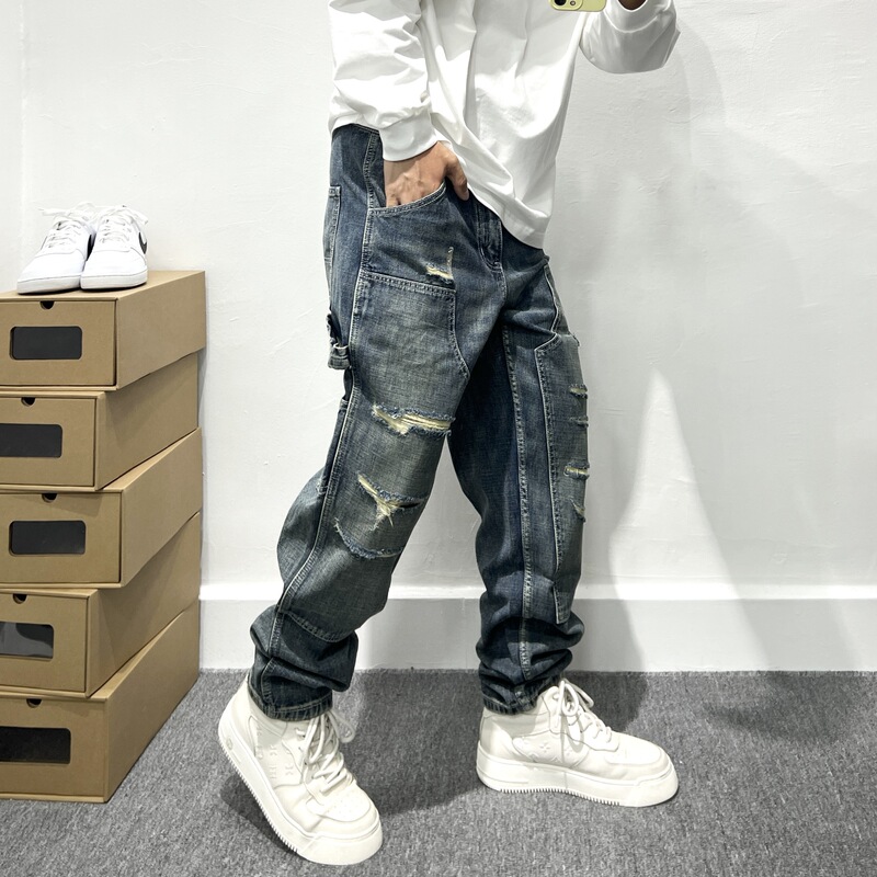 2025 Retro Ripped Patch Work Jeans Men's American High Street Loose Small Straight Pants Men's Tapered Pants