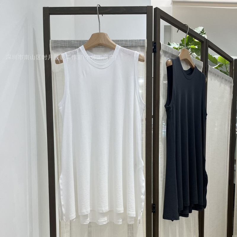 Niche Japanese-Style Enf Pure Cotton Side-Slit Round-Neck Sleeveless Long T-Shirt Niche Japanese-Style Enf Pure Cotton Side-Slit Round-Neck Sleeveless Long T-Shirt