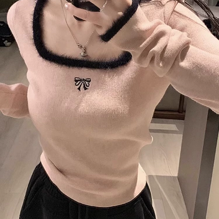 Knitted autumn sweater for students, square neckline