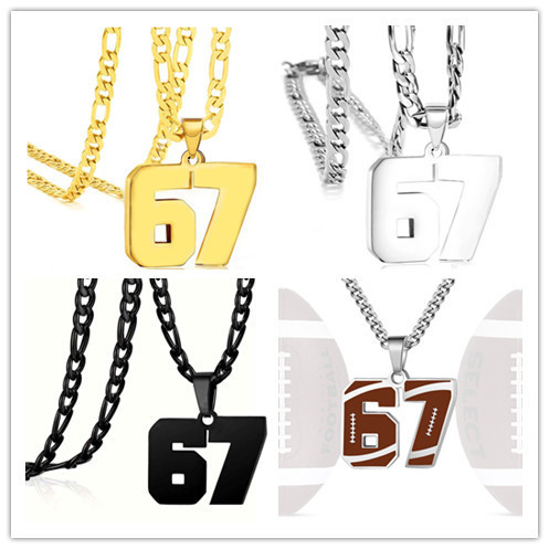 Cross-Border Baseball, Football, Rugby Stainless Steel Titanium Steel Arabic Numeral 67 Pendant Necklace Number Necklace in Stock