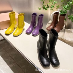 高版2025秋冬真皮方头复古粗高跟后拉链弹力显瘦短靴马丁靴单靴女