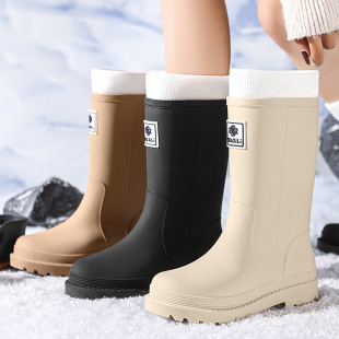 Cross-border Japanese and Korean New Mid-barrel Rain Boots Women's Winter Integrated fleece-lined Warm Rain Boots Fashion Water Shoes Non-slip Rubber Shoes