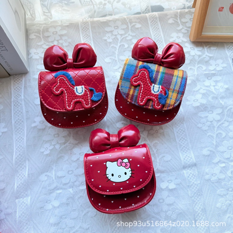 2026 New Style Girls' Cute Crossbody Bag with Cartoon Bow, Cat, New Year Red Envelope, Lucky Money, and Little Horse Shoulder Bag