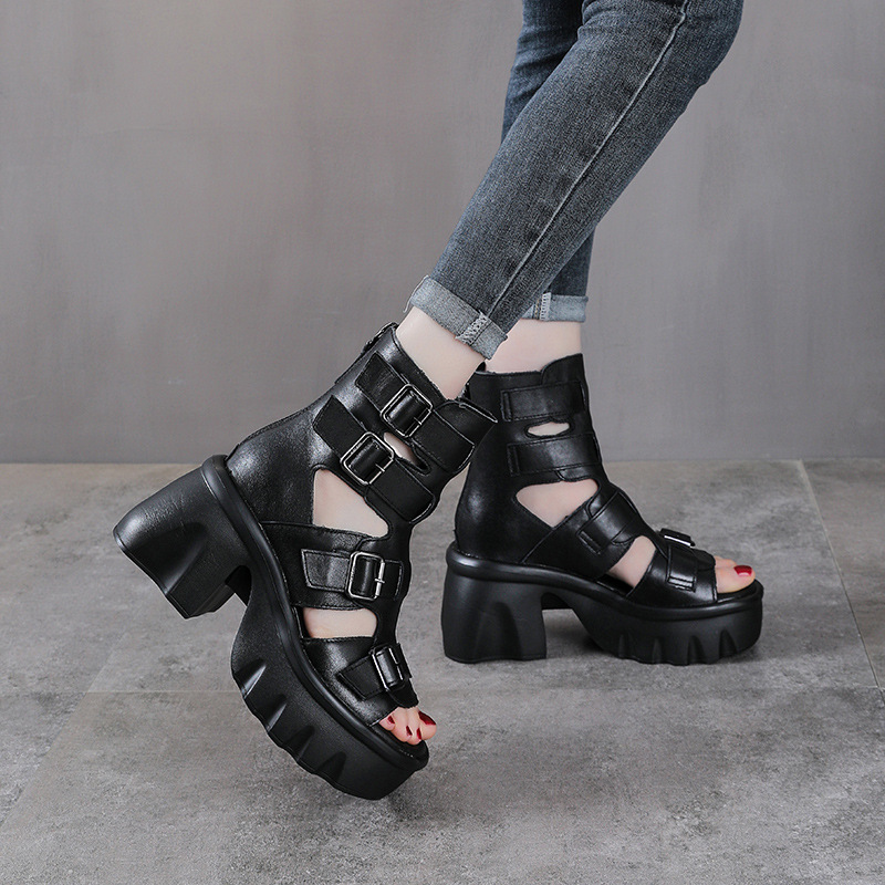 Sandal hở mũi nữ da bò cao gót 9 cm quai khóa xỏ ngón — màu đen