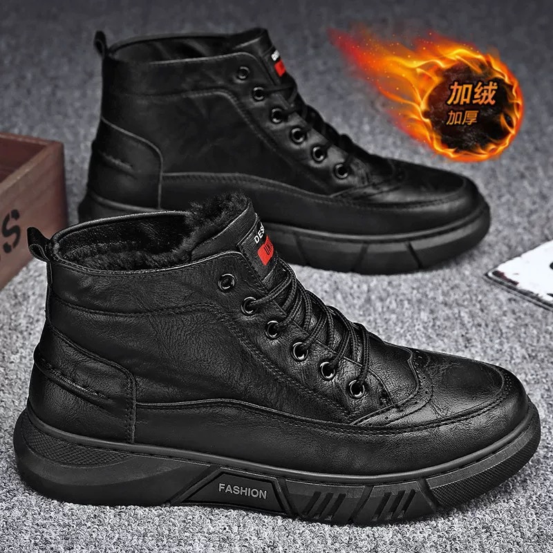 High-top men's shoes winter fleece-lined two-cotton shoes work waterproof non-slip men's casual shoes black laoxuheng 6 seasons