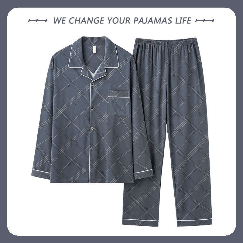 Pijamas de hombre primavera y otoño 100% algodón pantalones de manga larga delgada juventud más tamaño traje de verano homewear