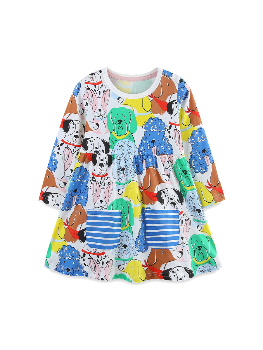 Otoño nuevos vestidos de niñas vestidos infantiles europeos y estadounidenses vestidos princesas de dibujos animados bolsillo de cuello redondo vestidos infantiles de mangas largas