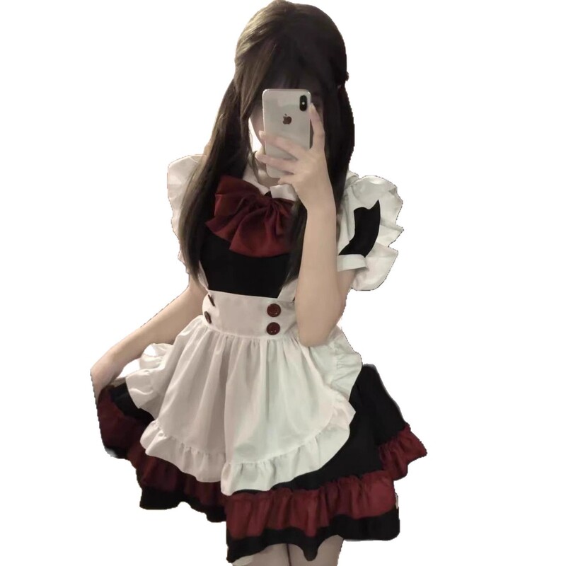 女仆装小恶魔Lolita黑红猫咪女佣可爱吸血鬼连衣裙两件套收腰围裙|undefined