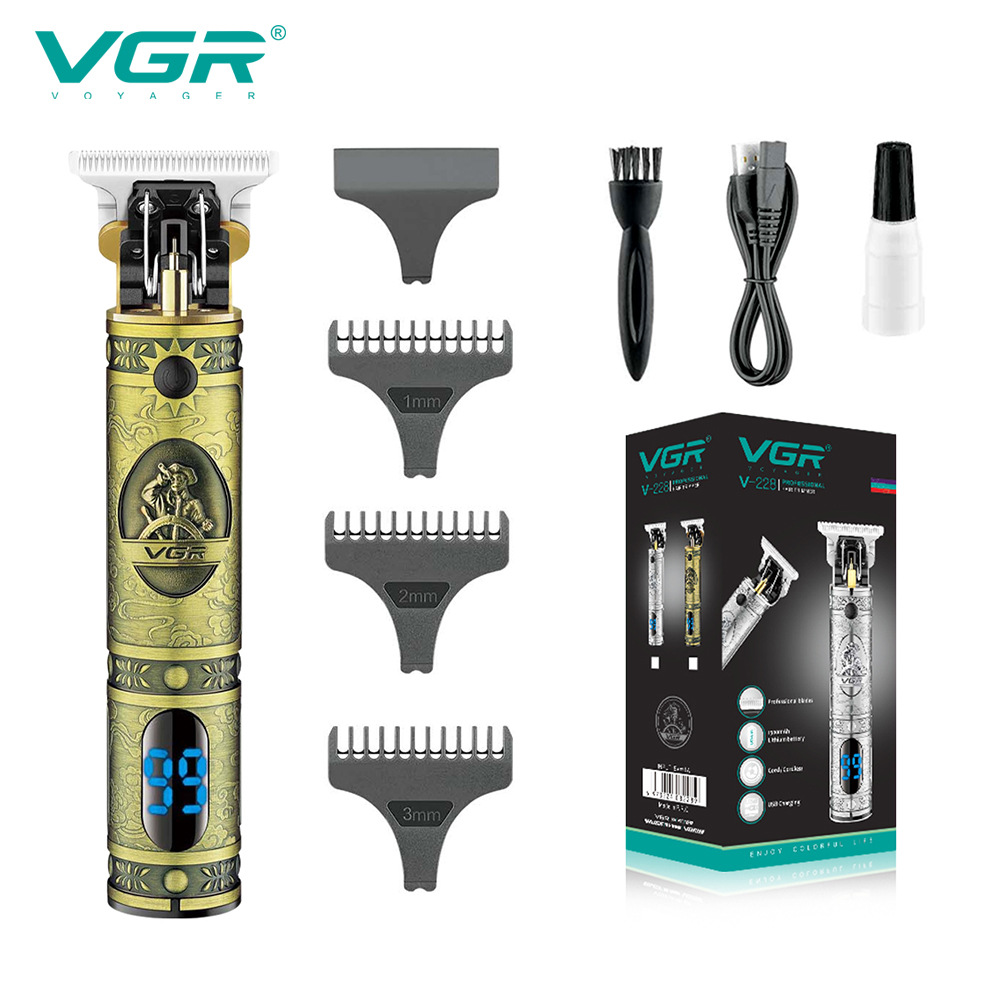 VGR Cross-border Professional LCD Digital Retro Oil Hair Clipper T9 Engraving Hair Cutter V-228