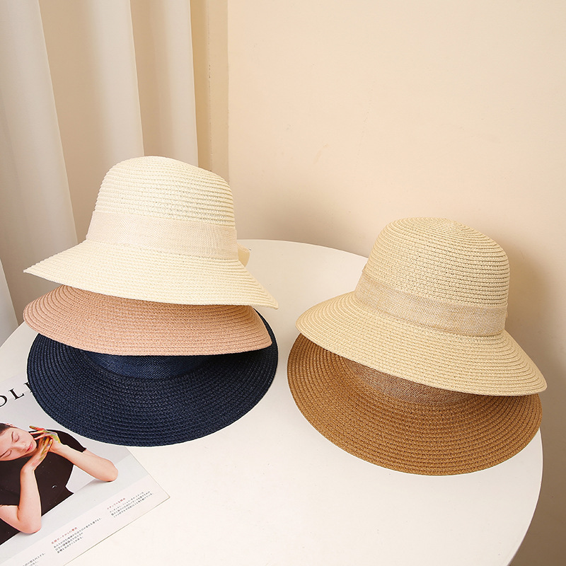 455g Weight Straw Hat Hats Type Casual, Holiday, Travel Occasion Women's Sweet Pastoral Solid Color Bowknot Wide Eaves Straw Hat