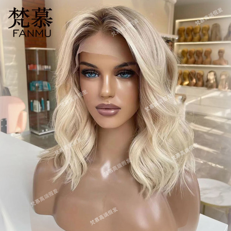 European and American Classy White Hair Ladies Lace Wig with Oblique Bangs Short Curvature Bob Real Hair Glue-Free Wig