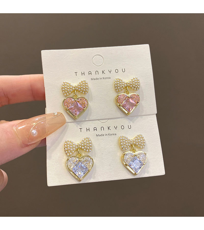Sweet Heart Shape Bow Knot Copper Plating Inlay Artificial Pearls Zircon Drop Earrings 1 Pair