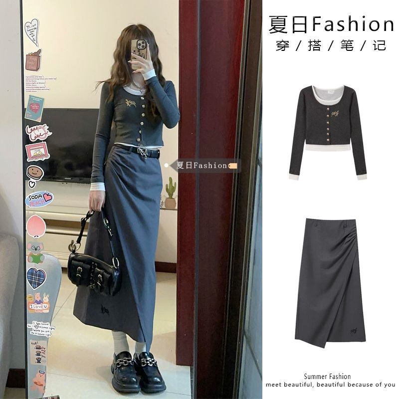 College Style Fake Two-Piece Embroidered Shirt Suit for Women Autumn High-Waisted Slit Skirt Slimming Long-Sleeved Top