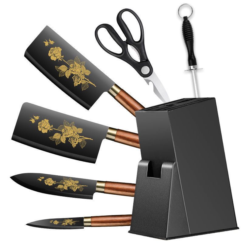 Kit de cuchillos de acero negro, conjunto completo de utensilios de cocina de acero inoxidable, cortador de verduras, cortador de huesos
